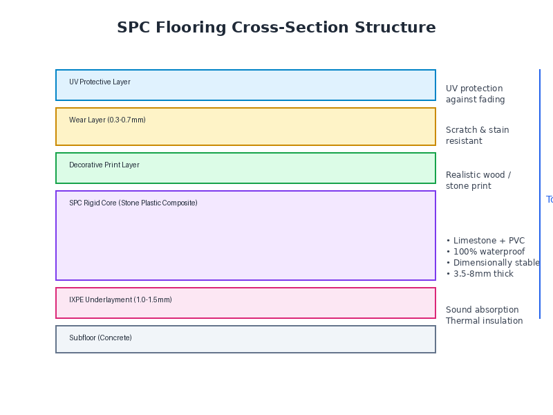 SPC flooring cross-section structure diagram showing all layers